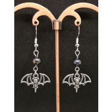 Gothic Halloween Bat And Coated Cultured Pearl Silver Plated Earrings