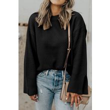 Black Solid Textured Knit Split Cuff Drop Shoulder Loose Sweater