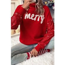 Racing Red Merry Graphic Sequin Sleeves Christmas Turtleneck Sweater