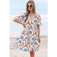 Orange Contrast Palm Tree Printed Short Sleeve Flowy Dress
