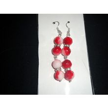 Four faceted round red & white with clear rhinestone glass earrings