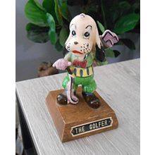 Ceramic Dog Golfer Wood Base Dog Figurine RARE -Santa Claus California Souvenir