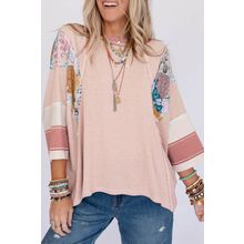 Pink Printed Pinstriped Color Block Patchwork Oversized Top