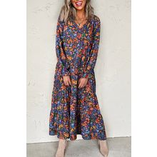 Blue Floral Print Tassel Tie V Neck Long Sleeve Flowy Long Dress