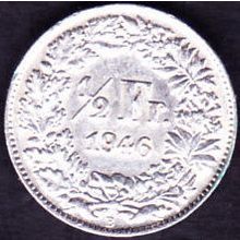 1946 B Switzerland 1 Half Franc Silver Coin