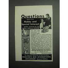 1937 Webster's New International Dictionary Ad - Questions about every hobby