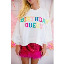 White BIRTHDAY QUEEN Graphic Balloon Sleeve Sweatshirt