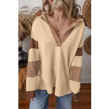 Light French Beige Striped Colorblock Patchwork Collar Sweatshirt