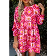 Strawberry Pink Geometric Print Smocked Long Sleeve Mini Dress