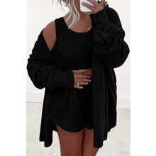 Black 3 Pcs Crop Tank Top Shorts with Cardigan Lounge Set