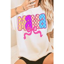 White MAMA Checkered Bow Knot Print Crewneck T Shirt