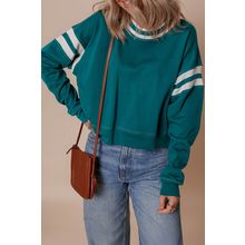 Blackish Green Contrast Striped Patchwork Round Neck Drop Shoulder Sweatshirt