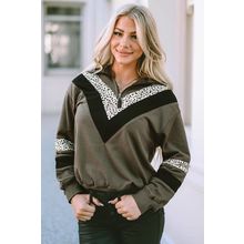 Green Leopard Contrast Splicing Quarter Zip Sweatshirt