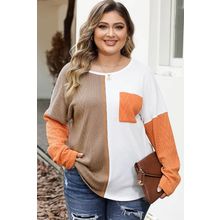 Chestnut Plus Size Color Block Textured Patchwork Top with Pocket