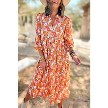 Multicolor Boho Floral Collared Long Sleeve Ruffled Dress