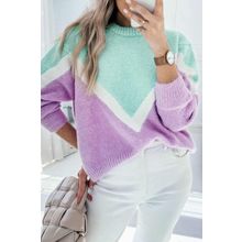Green Chevron Colorblock Ribbed Knit Drop Shoulder Sweater
