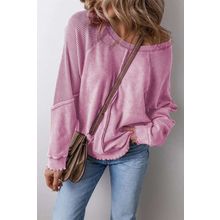 Pink Waffle Knit Patchwork Exposed Seam Raglan Sweatshirt