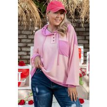 Pink Corded Colorblock Patchwork Plus Size Hoodie