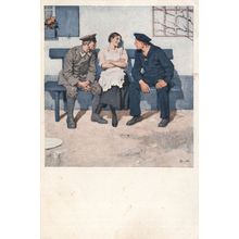 German Army & Navy Soldiers Chatting Up Lady WW1 Postcard