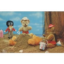 Golliwog On Beach Burying Teddy Bear Alive Toy Boat 1970s Postcard