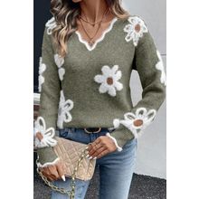 Seagrass Plush Flower Pattern Scalloped Trim V Neck Sweater