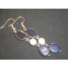 Impressive dark ink blue & white silver edged long swing earrings