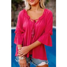Rose Frilled Split V Neck Ruffled Sleeve Shift Top