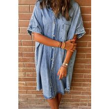 Light Blue Loose Medium Wash Short Sleeve Shirt Chambray Dress
