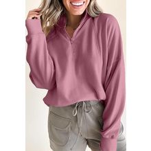 Fushia Zipped Neck Pullover Drop Shoulder Sweatshirt