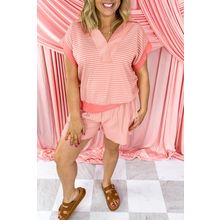 Orange Stripe Loose Polo T Shirt and Shorts Plus Size 2pcs Outfit