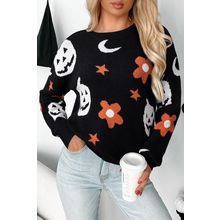 Black Halloween Mythical Night Pattern Drop Shoulder Sweater