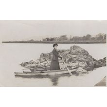 Posh Lady Rowing A Tiny Old Boat Antique Real Photo Postcard