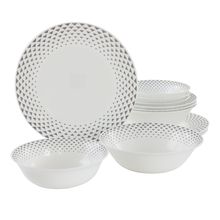 Ultra by Gibson Cane Peak 12 Piece Opal Glass Dinnerware Set in White With Gr...