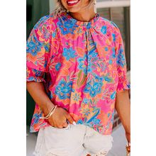 Rose Plus Floral Print Frilly Neck Puff Sleeve Blouse