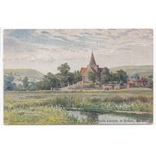 Alfriston Church & Downs Sussex Art Postcard South Downs Series