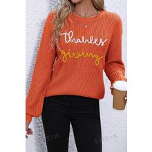 Gold Flame Thanks Giving Letter Graphic Crew Neck Sweater