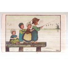 DUTCH CHILDREN ON PIER, HOLLAND unused vintage postcard by C W Faulkner & Co =