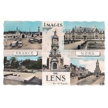 multiview, LENS, FRANCE used vintage postcard 1958 postmark OLD COACHES.