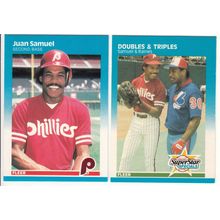Two 1987 Fleer Juan Samuel baseball cards- #185, #642- with Tim Raines