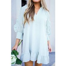 Myosotis Seersucker Ruffled Puff Sleeve Stand Neck Mini Dress