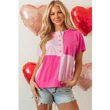 Pink Two Tone Half Buttons Collared T Shirt