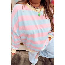Sky Blue Stripe Drop Shoulder Crewneck Plus Size Sweatshirt