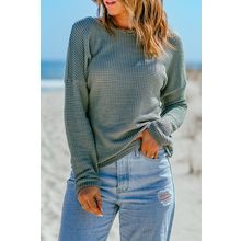 Green Waffle Knit Drop Shoulder Long Sleeve Top