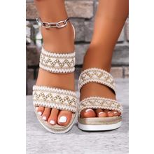 Beige Crochet Dual Band Wedge Slippers