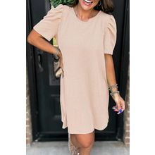 Parchment Corded Knit Crew Neck Puff Sleeve Shift Mini Dress