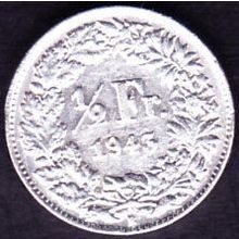 1943 B Switzerland 1 Half Franc Silver Coin