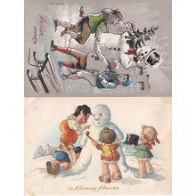 Bonne Anne Cute Snowman Children Making A 2x French Antique Postcard s