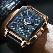 Gents Large Luxury Blue Square Chronograph Date Black Silicone Strap Watch Boxed