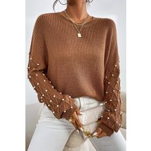 Chestnut Beaded Drop Shoulder Round Neck Sweater