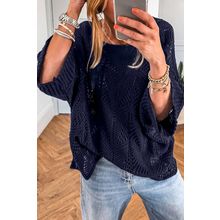 Navy Blue Hollow Out Knit 7/8 Sleeve Casual Sweater